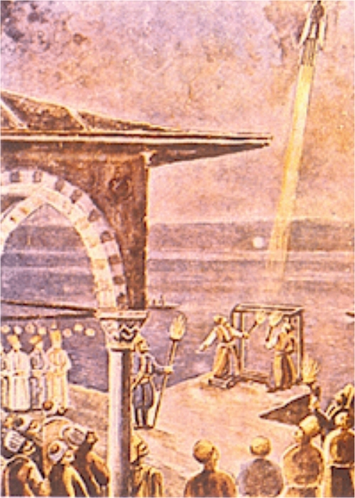 Ilustrasi percobaan roket dari abad 14. Dari museum Suleymaniye, Istanbul